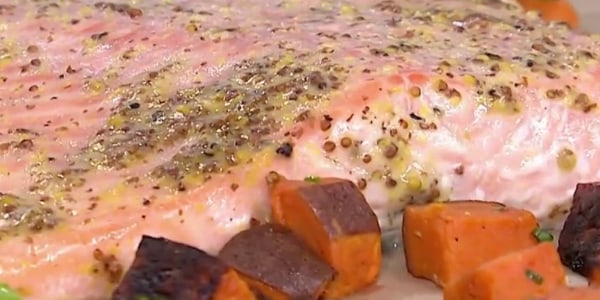 Sheet-Pan Honey Mustard-Glazed Salmon with Broccoli and Sweet Potatoes