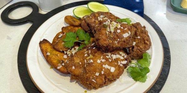 Coconut Fried Chicken with Sweet Hot Sauce and Platanos