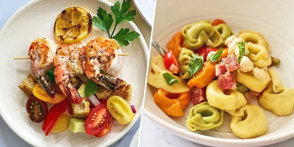 Grilled Shrimp Skewers and Panzanella Salad