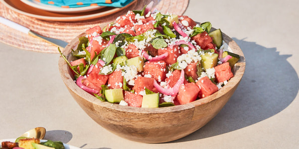 Watermelon Salad with Tomato, Pickled Onion, Mint and Feta