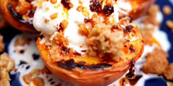 Grilled Peaches with Ice Cream, Crumble and Chili Oil