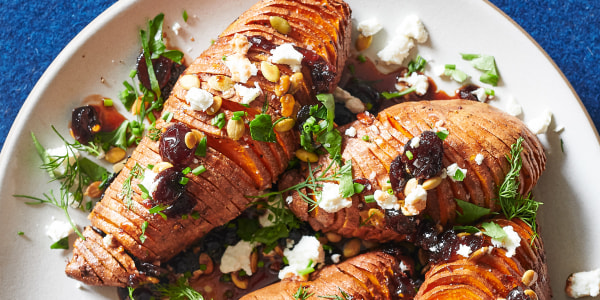 Hasselback Sweet Potatoes with Cranberry Agrodolce