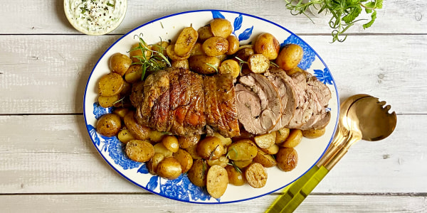 Herb-Roasted Leg of Lamb with Potatoes and Tzatziki