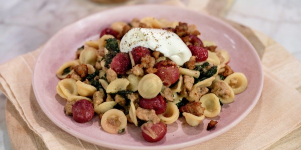 Orecchiette with Sausage, Balsamic Grapes, Kale and Goat Cheese