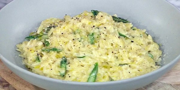 Cheesy Orzo with Asparagus and Black Truffle Butter