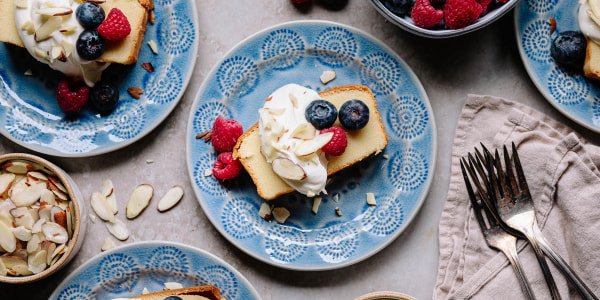 Pound Cake with Ricotta Cream, Fresh Berries and Almonds