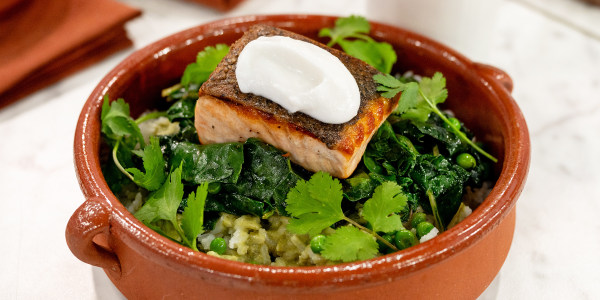 Green Curry Salmon with Swiss Chard and Peas