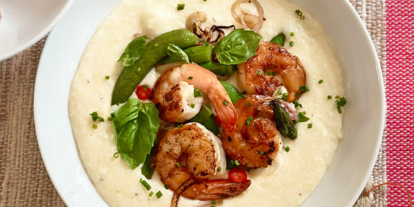 Shrimp and Grits with Asparagus and Snap Peas