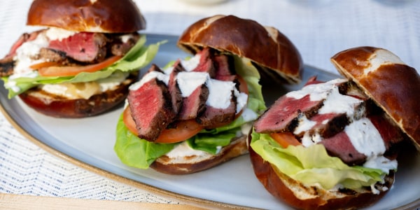 Grilled Steak Sliders with Caramelized Onions and Horseradish Cream