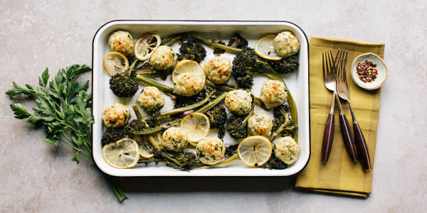 Baked Chicken and Ricotta Meatballs with Broccolini