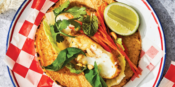 Summer Roll Fish Tacos with Spicy Peanut Sauce