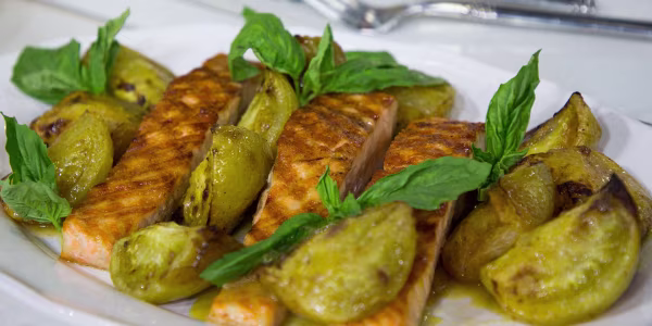 Grilled Salmon with Roasted Green Tomatoes
