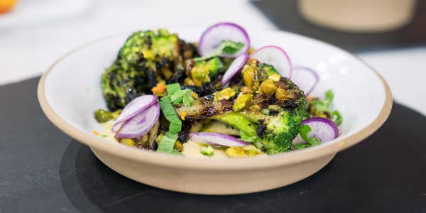 Grilled Broccoli with Orange Aioli and Pistachio Vinaigrette