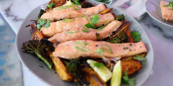 Roasted Salmon with Sweet Potatoes and Broccolini