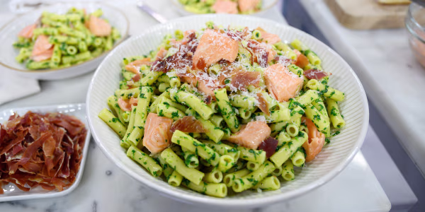 Ziti with Prosciutto, Salmon and Arugula Pesto