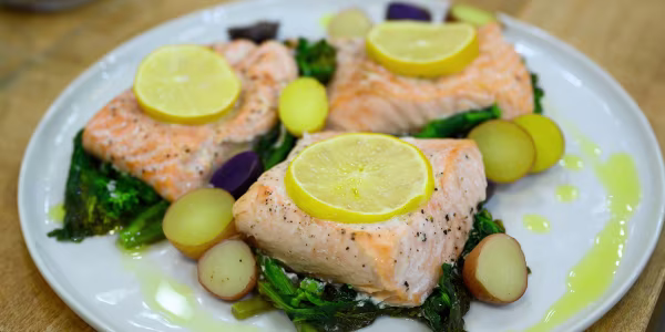 Parchment-Packet Salmon with Broccoli Rabe and Potatoes
