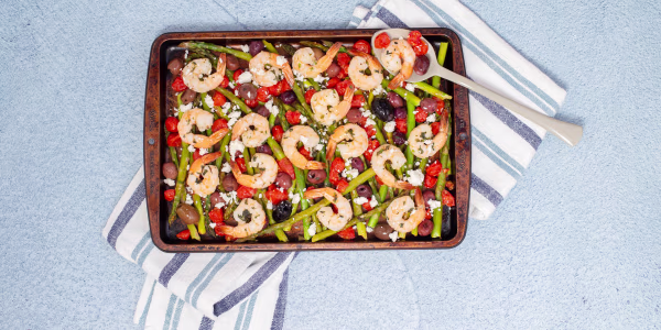 Sheet-Pan Greek Shrimp with Asparagus, Tomatoes and Olives
