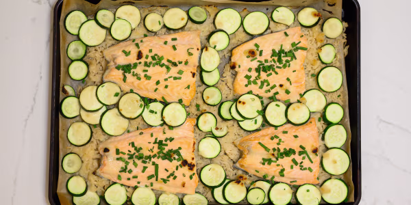 Sheet-Pan Miso-Lemon Salmon with Zucchini and Rice