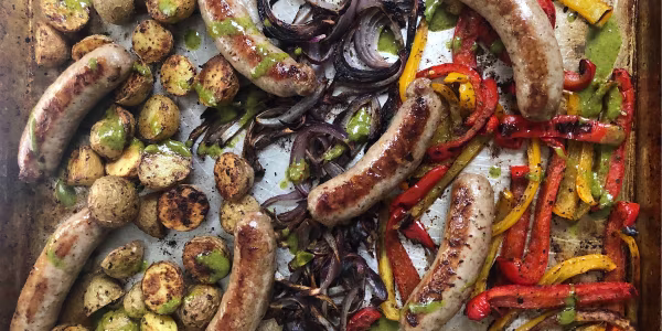 Sheet Pan Sausage and Peppers with Onions and Potatoes