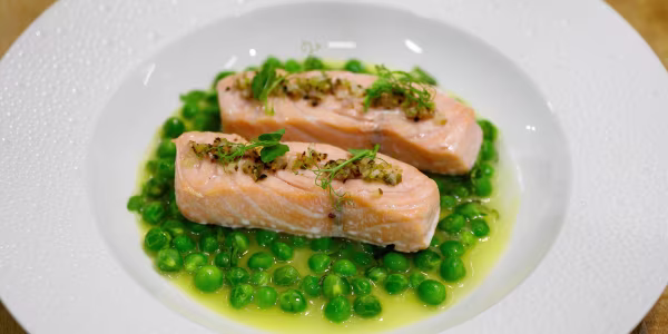 Salmon with Pea Ragu and Pickled Ramp Mignonette