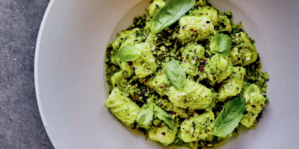 Ricotta Gnocchi with Broccoli Pesto, Basil and Pistachios