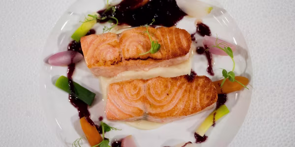 Sautéed Salmon, Mulled Wine Beurre Rouge and Baby Vegetables