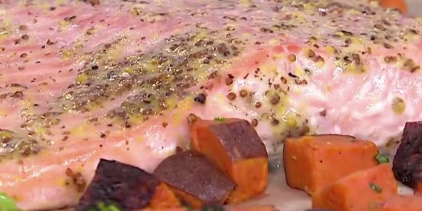 Sheet-Pan Honey Mustard-Glazed Salmon with Broccoli and Sweet Potatoes