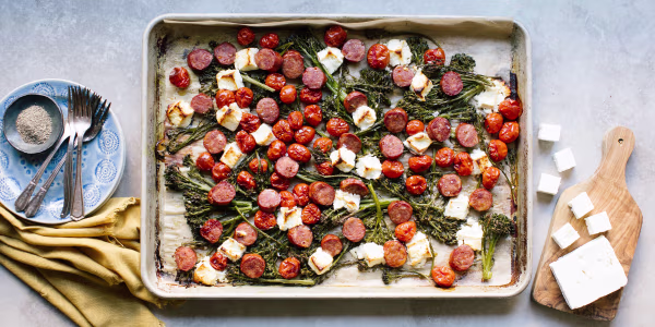 Sheet-Pan Sausage, Broccolini, Feta and Tomatoes
