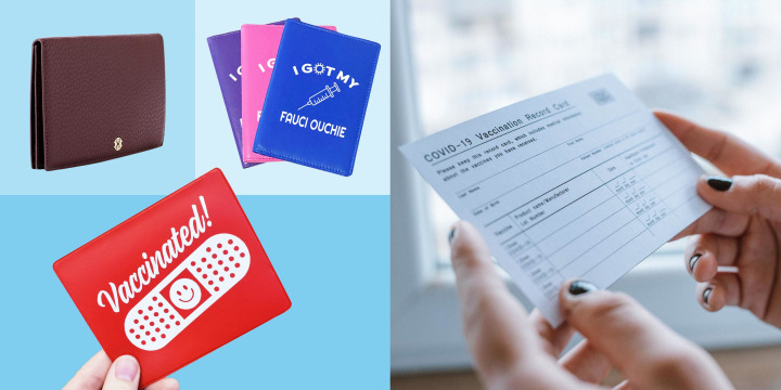 Illustration of someone holding a COVID-19 vaccine card, and three different kinds of Vaccine card holders