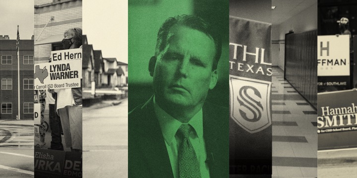 Photo illustration: Images of a school building, people with signs that read, \"Ed Hern\",\"Lynda Warner for Carroll ISD Board Trustee\", a line of houses, Lane Ledbetter, aSouthLake, Texas banner, a school corridor, signs that read,\"Hannah Smith\", \"Hoffman\".