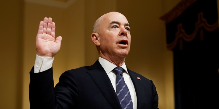 Homeland Security Secretary Alejandro Mayorkas is sworn in before testifying to the House Homeland Security Committee about the Biden Administration's FY2025 budget request on Capitol Hill on April 16, 2024.