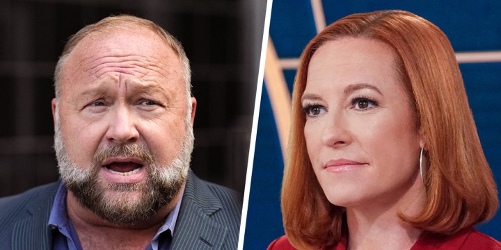 A split images of Alex Jones and Jen Psaki
