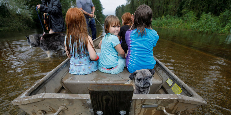 Image: Iva Williamson, 4 years old, peers behind her as she joins neighbors and pets in fleeing rising flood waters in the aftermath of Hurricane Florence in Leland, North Carolina