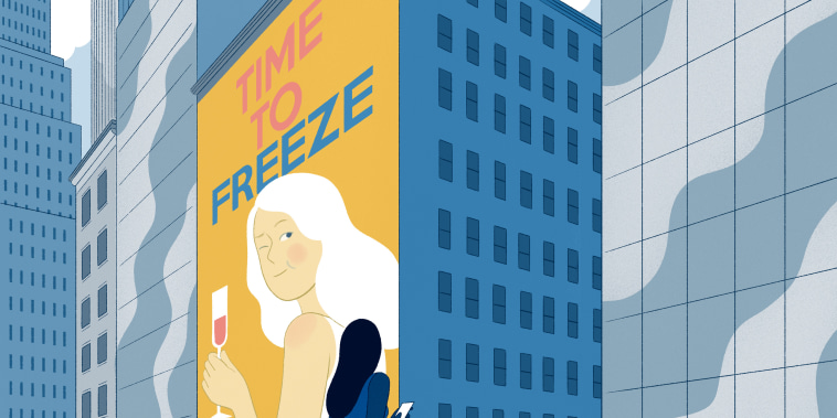 Illustration of woman in front of a sign advertising egg freezing.