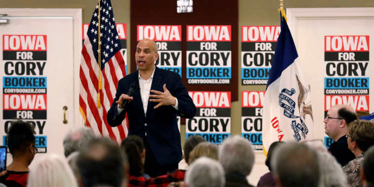 Image: Sen. Cory Booker speaks during a meeting with local residents during a campaign event in Ottumwa, Iowa, on March 16, 2019.