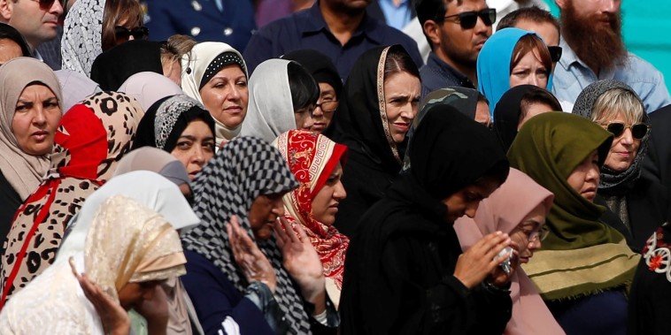 Image: New Zealand's Prime Minister Jacinda Ardern attends the Friday prayers at Hagley Park outside Al-Noor mosque in Christchurch