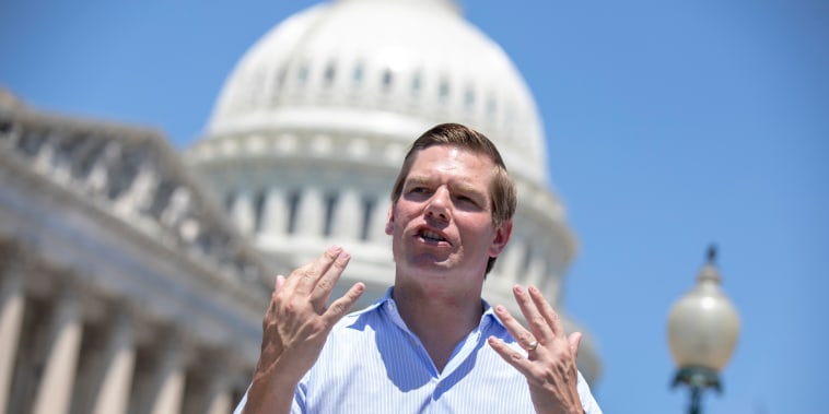 Image: Rep. Eric Swalwell, D-Calif., speaks at a news conference on Capitol Hill on July 10, 2018.