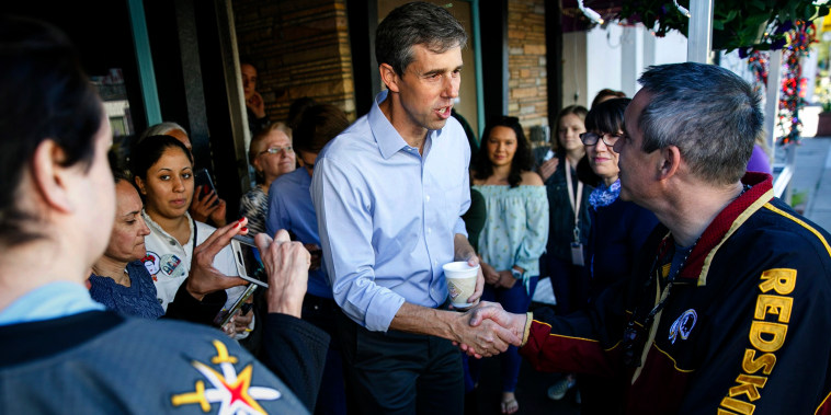 Image: Beto O'Rourke shakes hands during a campaign stop in Norfolk, Virginia, on April 16, 2019.