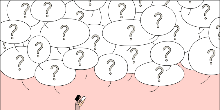 Illustration of woman holding paper with a speech bubbles of question marks above her.
