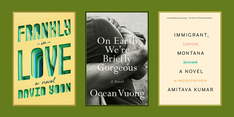 Book covers for \"Frankly in Love\" by David Yoon, \"On Earth We're Briefly Gorgeous\" by Ocean Vuong, and \"Immigrant, Montana\" by Amitava Kumar.