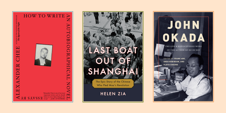 Book covers for \"How to Write an Autobiographical Novel\" by Alexander Chee, \"Last Boat Out of Shanghai: The Epic Story of the Chinese Who Fled Mao's Revolution\", and \"JOHN OKADA: The Life & Rediscovered Work of the Author of 'No-No Boy.\"