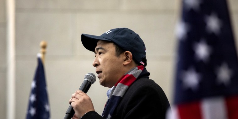 Image: Democratic presidential candidate Andrew Yang speaks at a rally in New York on May 14, 2019.