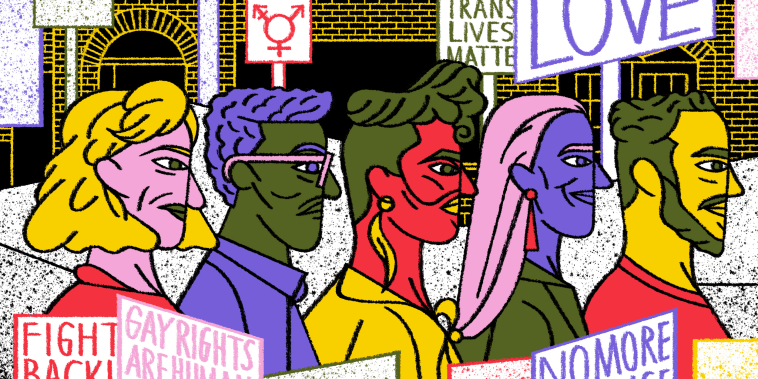 Illustration of group of NBC News Pride50 honorees standing in front of the Stonewall inn.