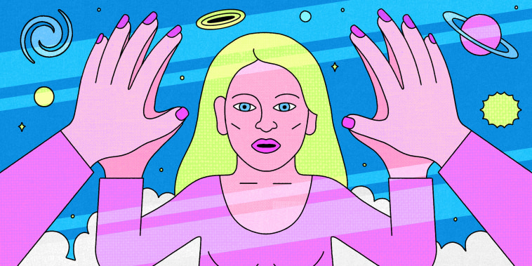 Illustration of woman holding hands up to a mirrorverse where her reflection is shining back at her.