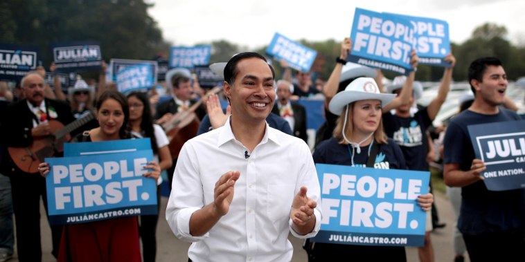 Image: Julian Castro marches with supporters at the Polk County Democrats' Steak Fry in Des Moines, Iowa, on Sept. 21, 2019.
