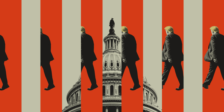 Photo illustration of Donald Trump walking from one side of the frame to the other, with the Capitol building interspersed between him.
