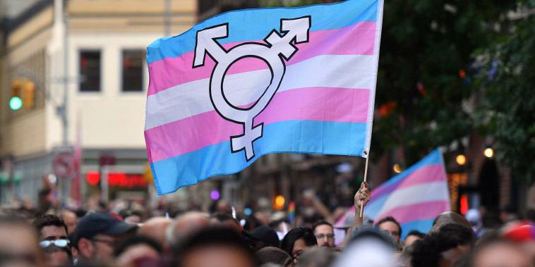 Image: A transgender flag during a rally to mark the 50th anniversary of the Stonewall Riots in New York