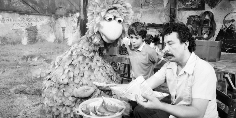 Abelardo, Big Bird's cousin, on the set of Mexico's \"Plaza S?samo,\" which debuted in 1973. It was one of dozens of Sesame Street productions that have run around the world.