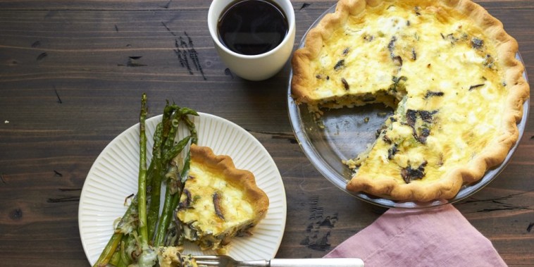 Frittatas and quiches, such as this vegetarian quiche filled with goat cheese, mushrooms and leeks suspended in a creamy but fluffy egg-based filling, can be left in the fridge.