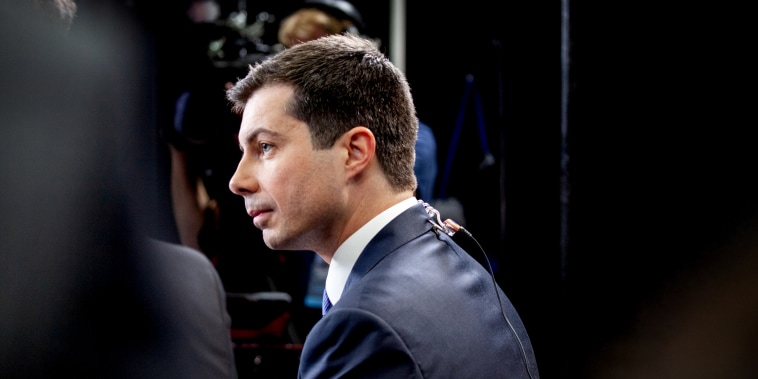 Image: Pete Buttigieg speaks with the media following a Democratic presidential debate in Los Angeles on Dec. 19, 2019.